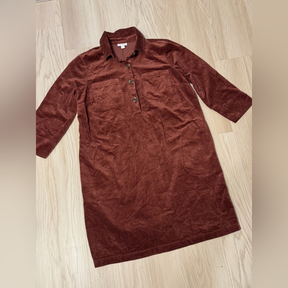 J. JILL Corduroy tunic shirt Dress Brown Long Sleeve Shift Retro pockets S - Picture 2 of 9